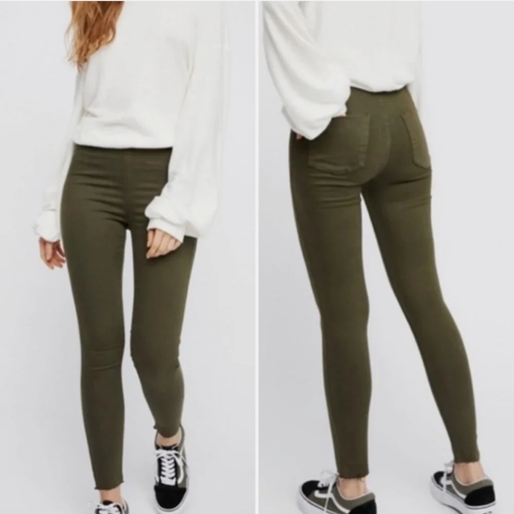 Free People 27 Easy Goes It Stretchy Skinny Raw Hem Pull On Olive Jeans 1629-t